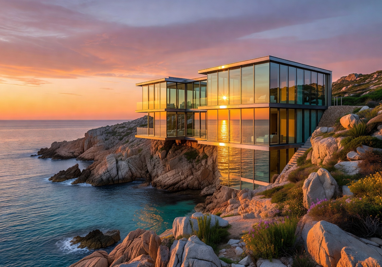 Sardinian Coastal glass home at sunset