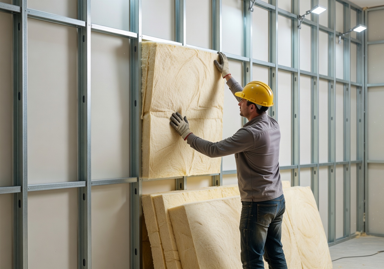 Thermal insulation being installed in a modern wall system