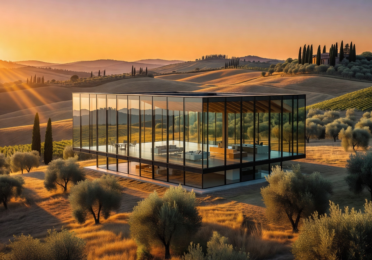 Tuscan Hillside glass residence at golden hour