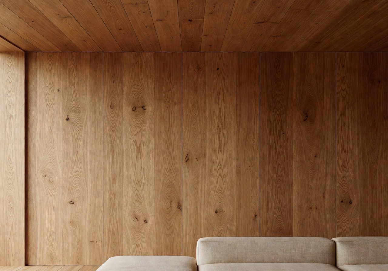 Wood interior design with oak walls and ceiling